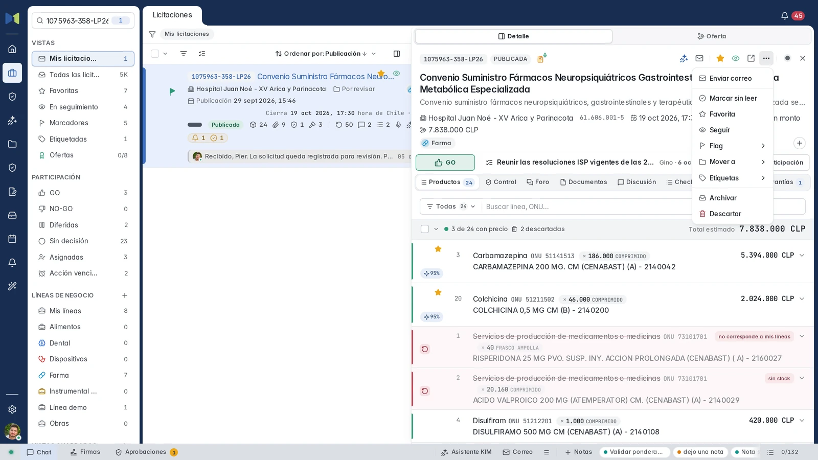 Menú nativo de gestión con favorita, seguimiento, flag, carpetas, etiquetas, archivar y descartar.