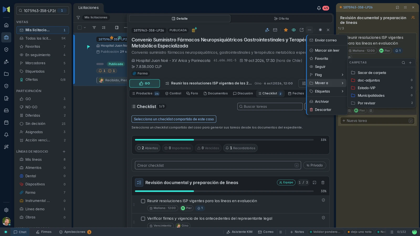 Selector de carpetas de trabajo, con Por revisar como carpeta del caso.
