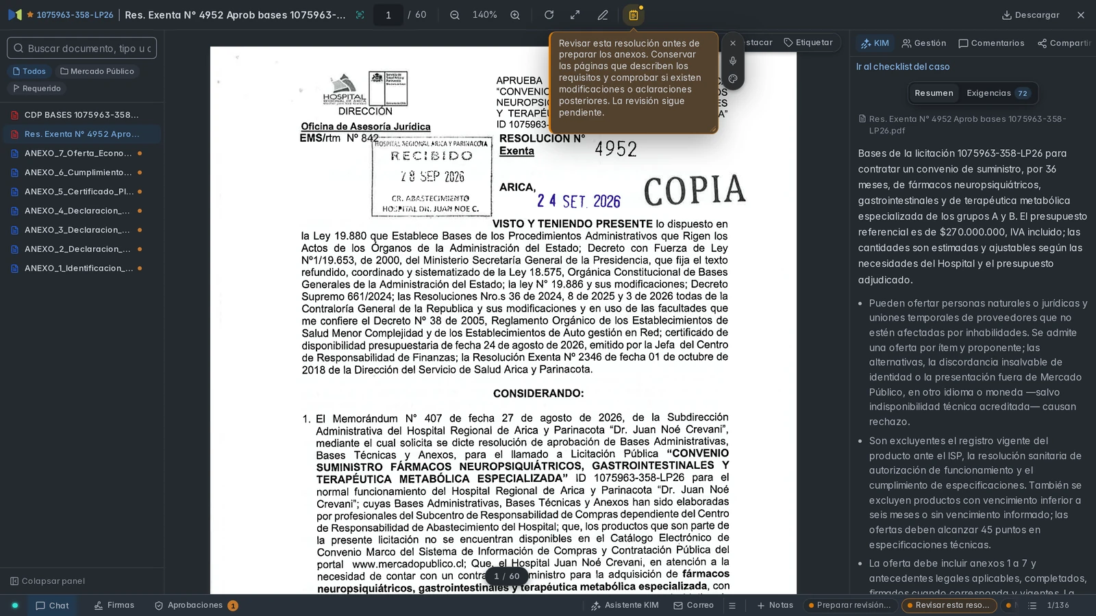 Nota personal en el visor PDF de la resolución exenta número 4952 del caso 1075963-358-LP26.