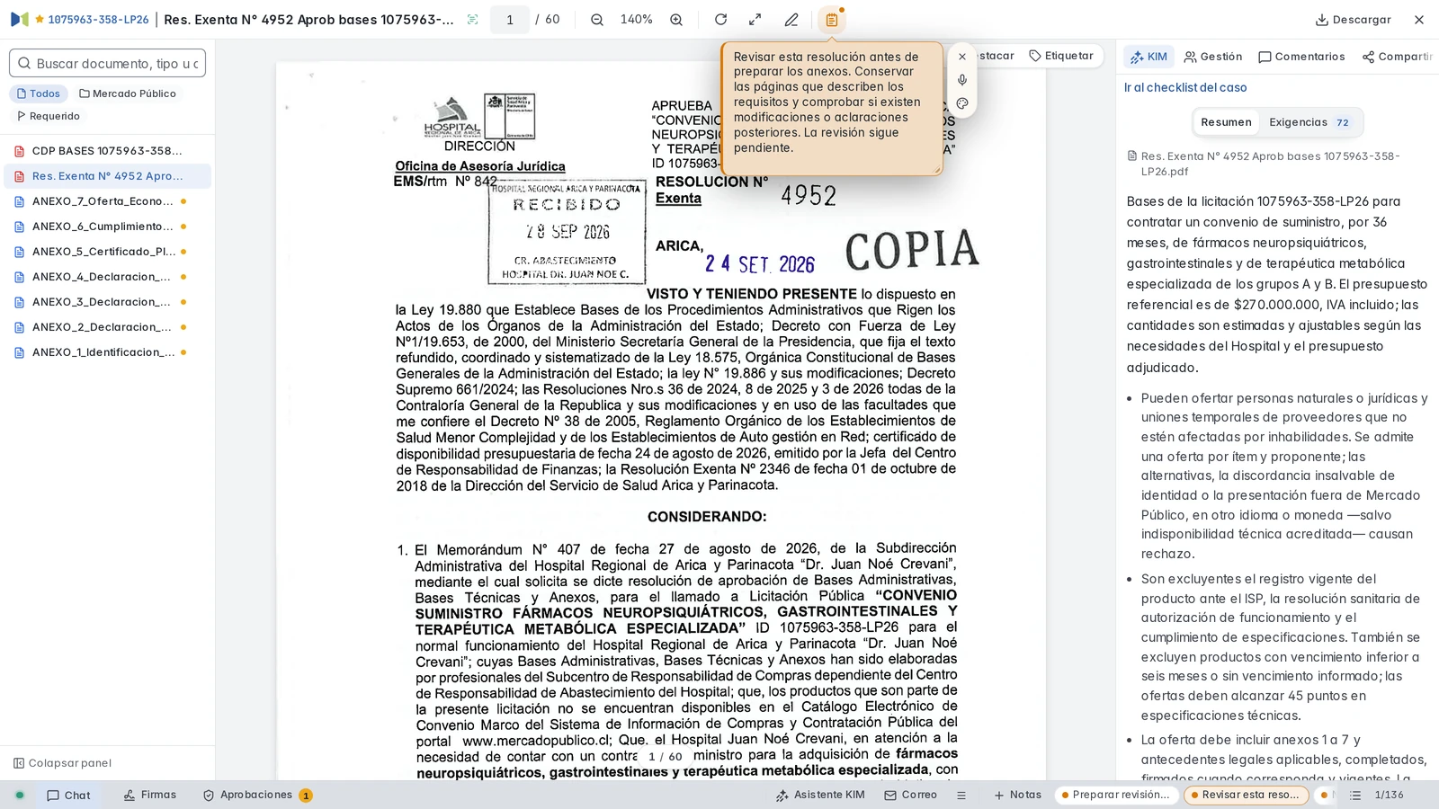 Nota personal en el visor PDF de la resolución exenta número 4952 del caso 1075963-358-LP26.