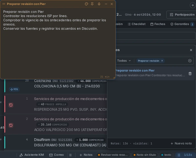 Módulo Notas abierto desde el pie, con una nota personal para preparar la revisión con Pier y el listado filtrado.