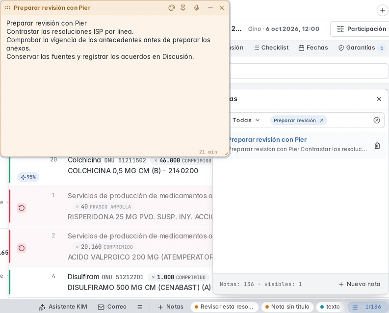 Módulo Notas abierto desde el pie, con una nota personal para preparar la revisión con Pier y el listado filtrado.