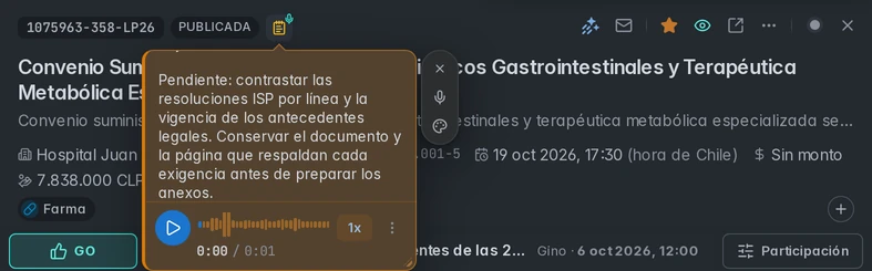 Nota personal en la cabecera de 1075963-358-LP26, con revisión documental pendiente y audio original conservado.