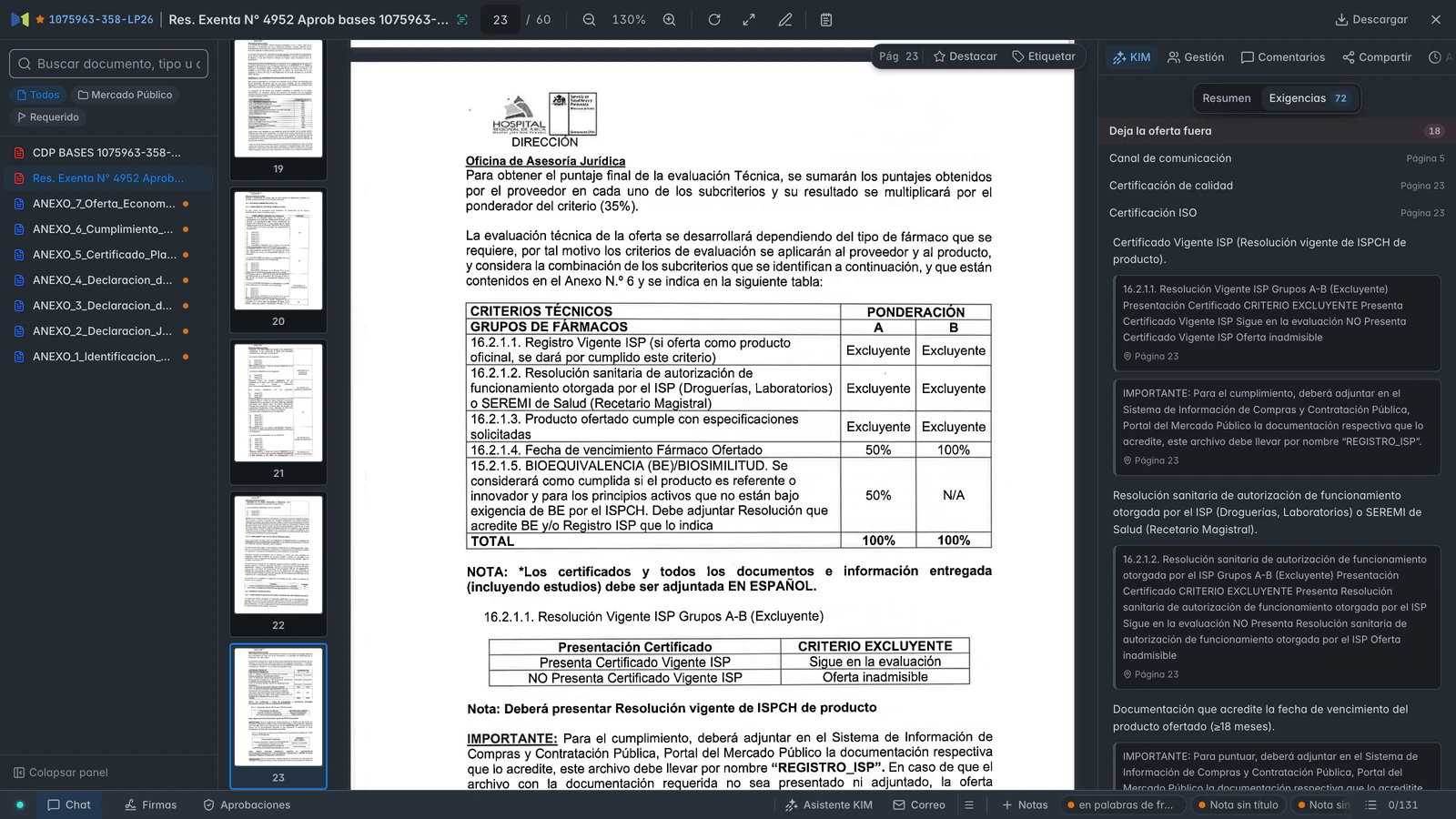 Visor de Masnet con las bases de 1075963-358-LP26 abiertas en la página 23 y, a la derecha, las exigencias agrupadas por consecuencia.