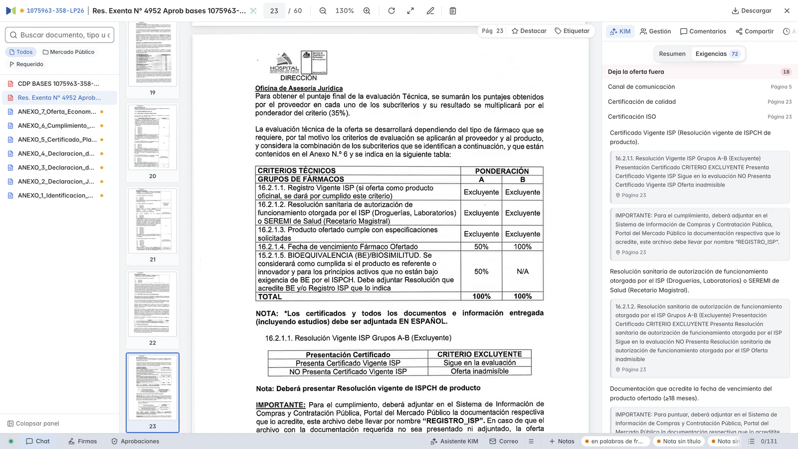 Visor de Masnet con las bases de 1075963-358-LP26 abiertas en la página 23 y, a la derecha, las exigencias agrupadas por consecuencia.