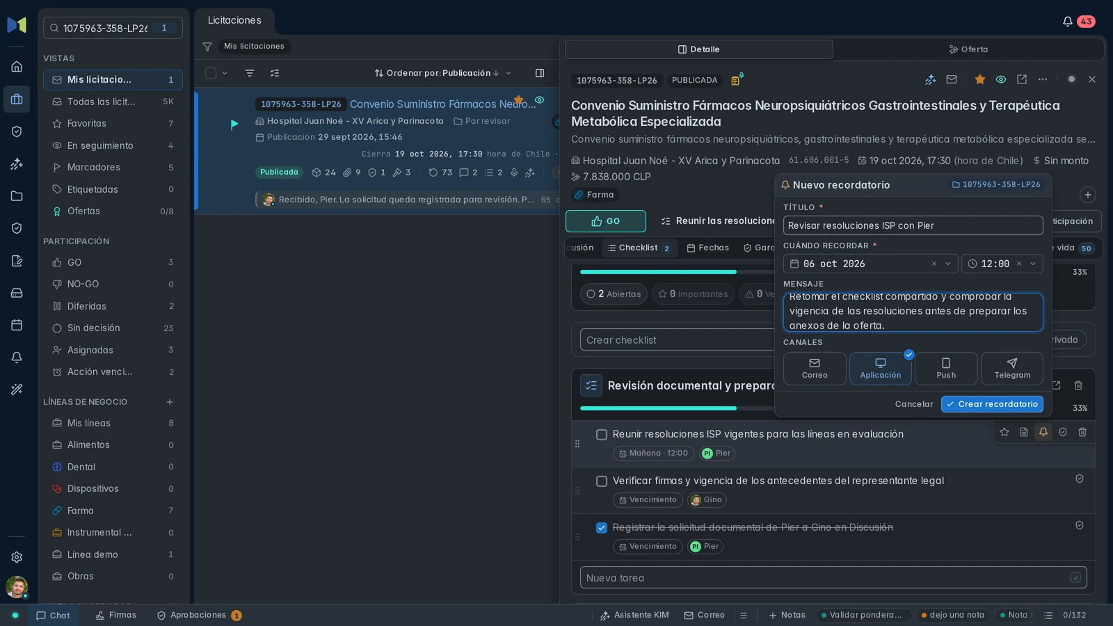 Editor de recordatorio con título, mensaje, fecha 6 de octubre a las 12:00 y canal Aplicación seleccionado.