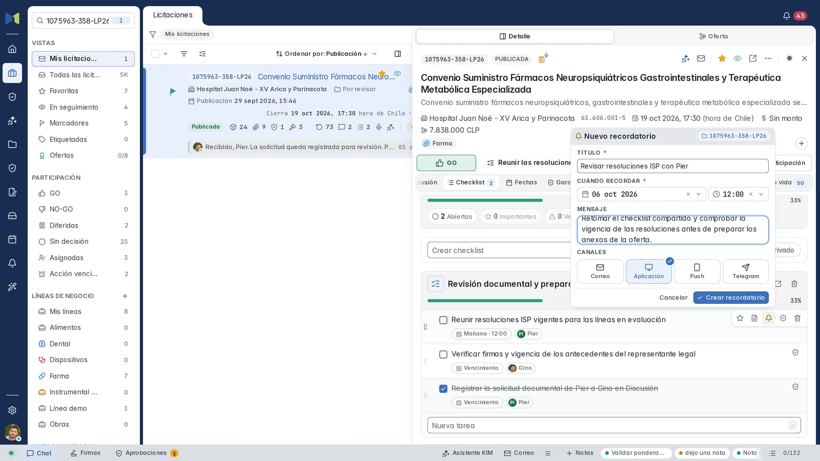 Editor de recordatorio con título, mensaje, fecha 6 de octubre a las 12:00 y canal Aplicación seleccionado.