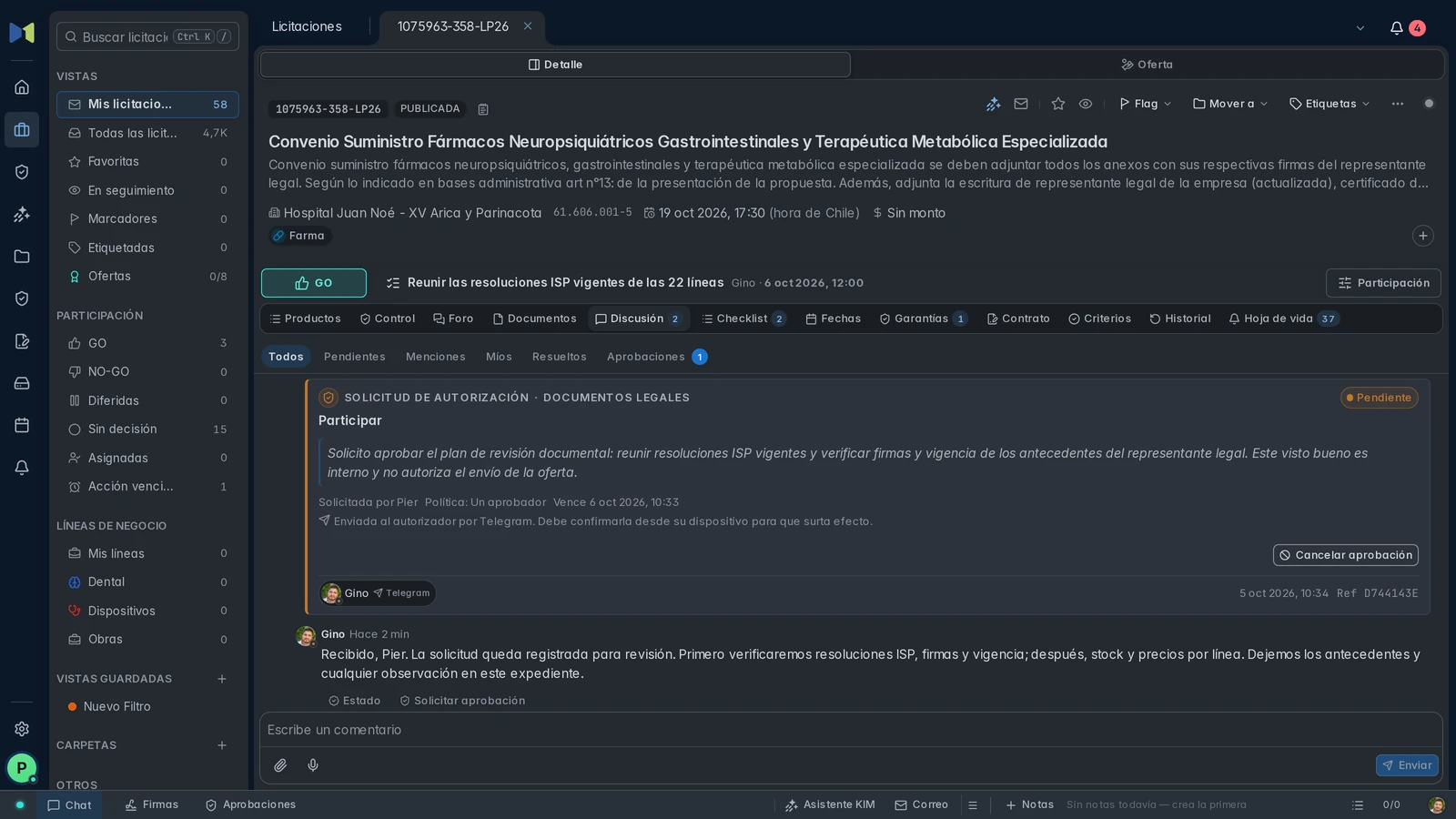 Solicitud documental de Pier a Gino, pendiente y enviada por Telegram, con la respuesta de Gino en el mismo hilo.
