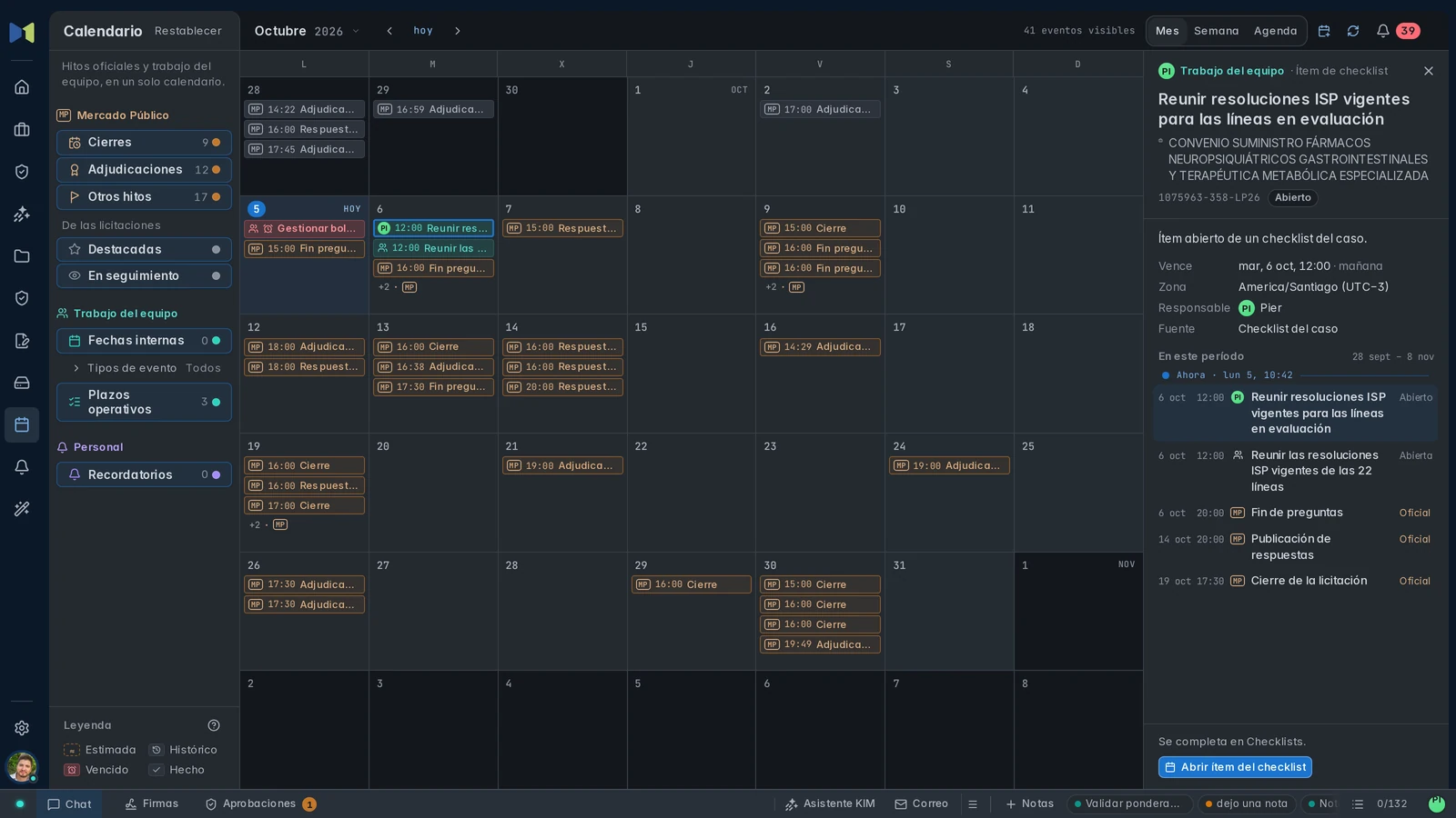 Calendario mensual con la tarea de resoluciones ISP asignada a Pier y los hitos oficiales del proceso.