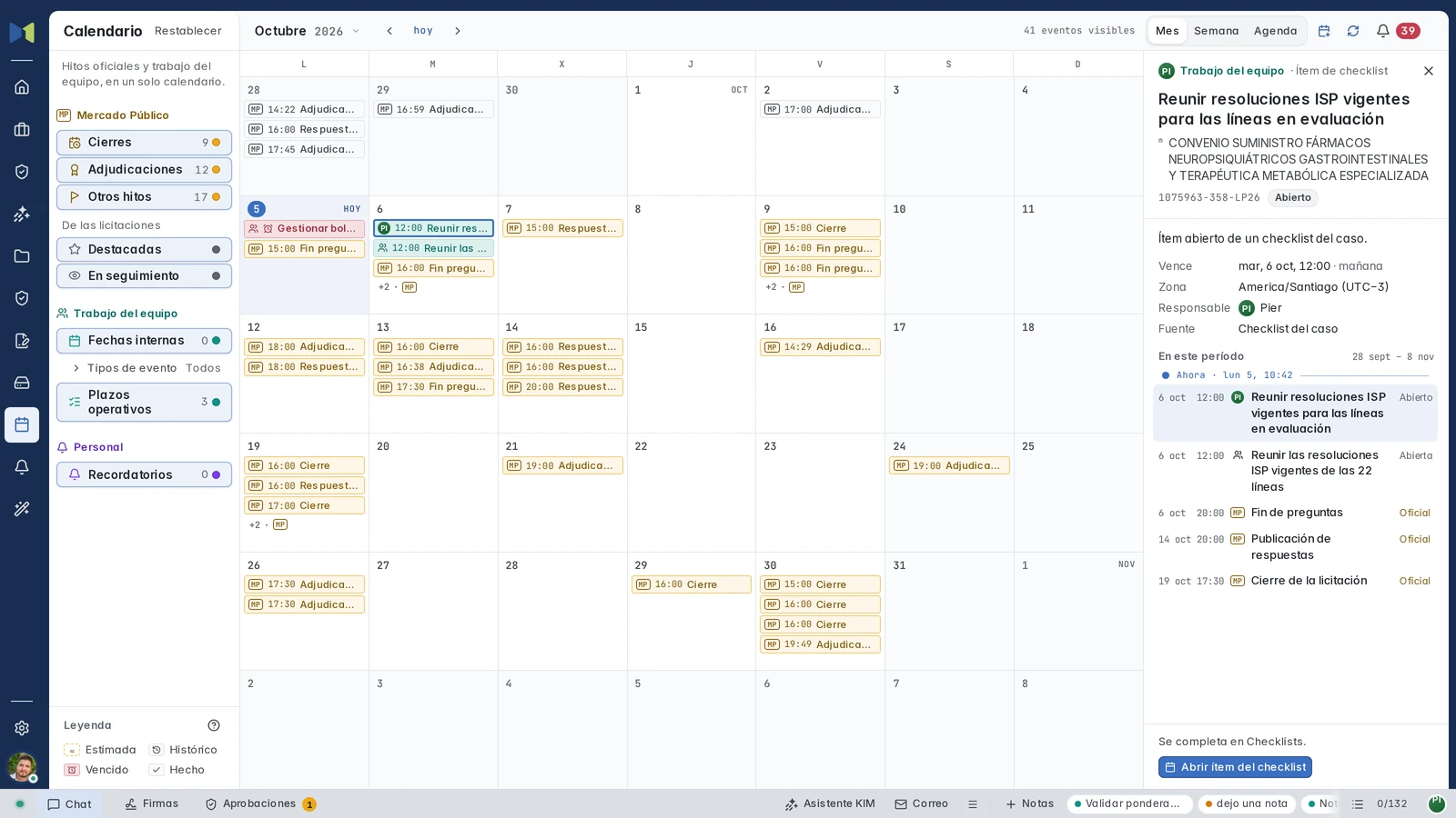 Calendario mensual con la tarea de resoluciones ISP asignada a Pier y los hitos oficiales del proceso.