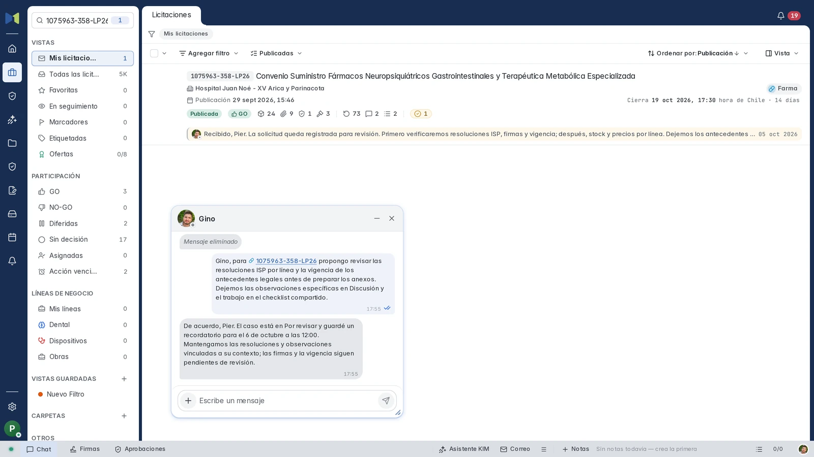 Conversación real desde la sesión de Pier: propone a Gino revisar antecedentes del caso y recibe su respuesta con carpeta y recordatorio.