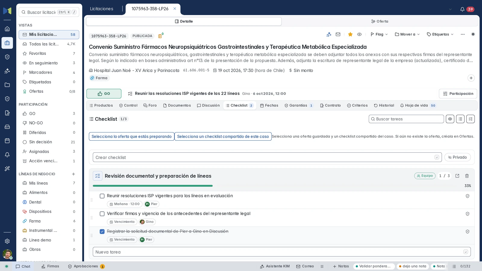 Checklist compartido de 1075963-358-LP26: tareas de Gino y Pier, plazo de resoluciones ISP y registro de la solicitud completado.